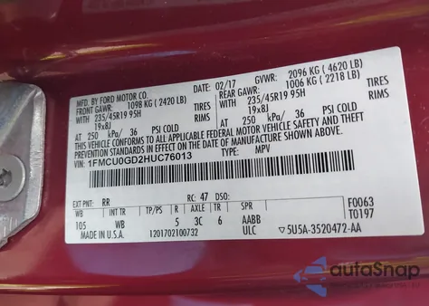 2017 Ford Escape Se из США, поврежденный, VIN 1FMCU0GD2HUC76013